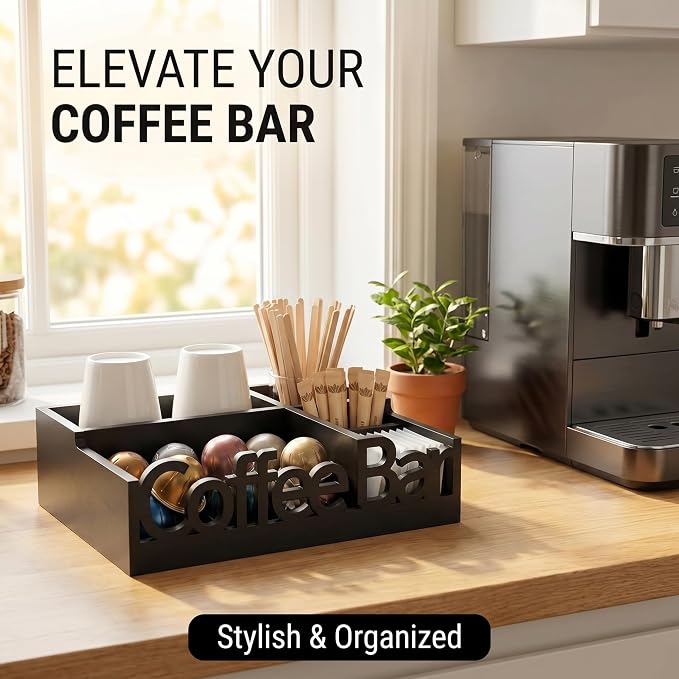 Coffee Bar Organizer Countertop,Wood Caddy with Compartments for Pods,Black | Coffee Pods, Sugar Packets, Stir Sticks & Cups