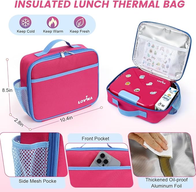 Bento Lunch Box Set For Kids Adult With Thermo Bag, Leak-Proof, BPA-Free | 36OZ Lunch Box Kids Kit, All-in-One Set With DIY Stickers Sauce Cup for Work, School, Camping(Hot Pink)