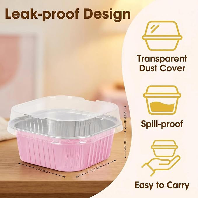 50 Pack Mini Cake Pans With Lids And Spoons,5oz Square Aluminum Foil Brownie Baking Cups,Small Cake Tins,Individual Cake Pans With Lids for Wedding Birthday Party (Green)
