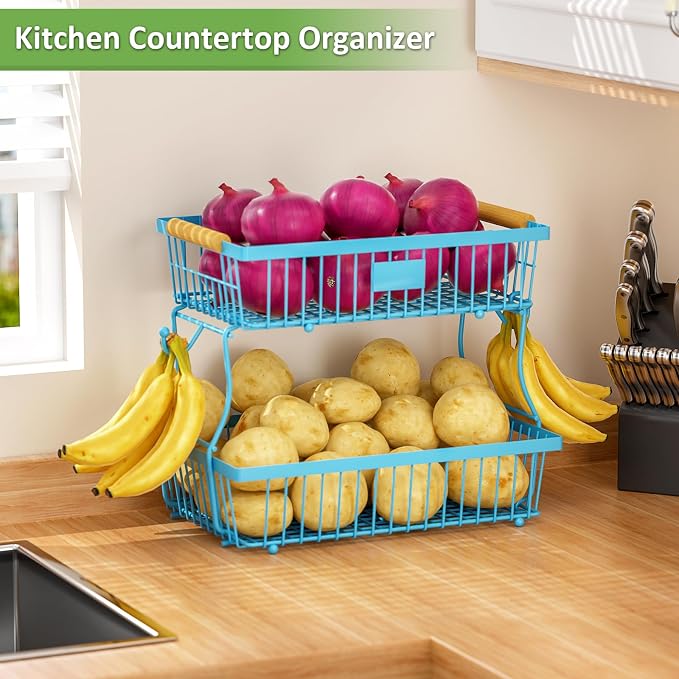 2 Tier Fruit Basket for Kitchen Counter with 2 Banana Hangers, Countertop Metal Bread Basket with Wooden Handle, Large Storage Stand for Vegetables, Snacks, Eggs, Produce Storage – Blue