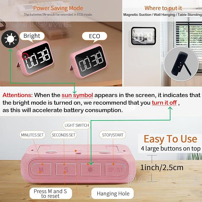 Digital Large Display Visual Timer Stopwatch for Kitchen Teacher School Classroom Cooking, Night Light Magnetic Bathroom Makeup Mirror LED Stop Clock Timer, 99 Minutes Countdown, Loud/Silent (Black)
