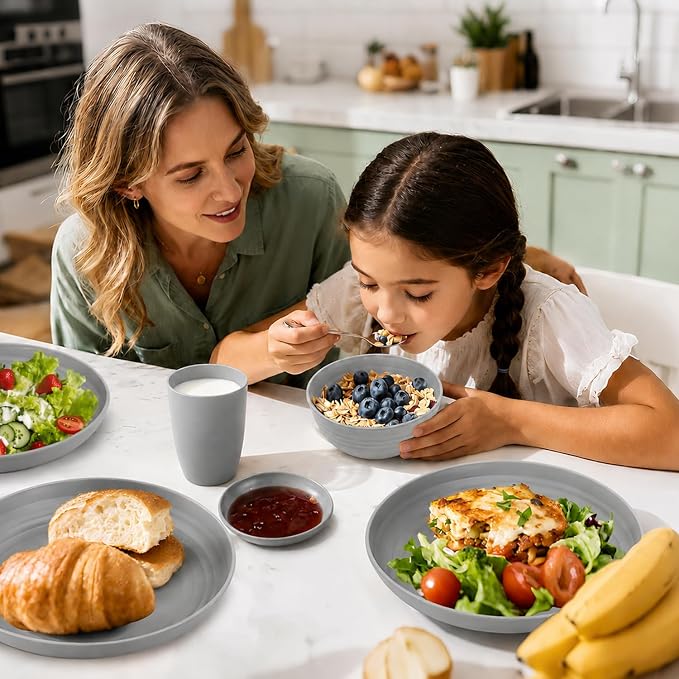 Kids Wheat Straw Dinnerware Sets for 4, 16 Piece Unbreakable Dinnerware Set, Kids Plates and Bowls Sets, Kitchen Plates and Bowls Set, Lightweight Dish Set for Party, Camping，RV - Grey