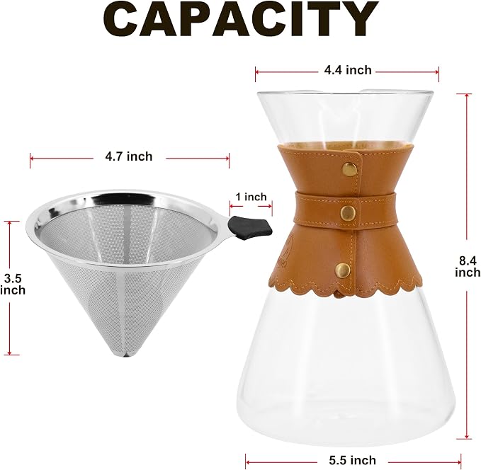 YMMIND 34oz Pour Over Coffee Maker with Double Layer Stainless Steel Filter, Borosilicate Glass Dripper, Detachable Heat-Resistant Leather Pad 7-8 Cups Coffee Maker Carafe（Light brown）