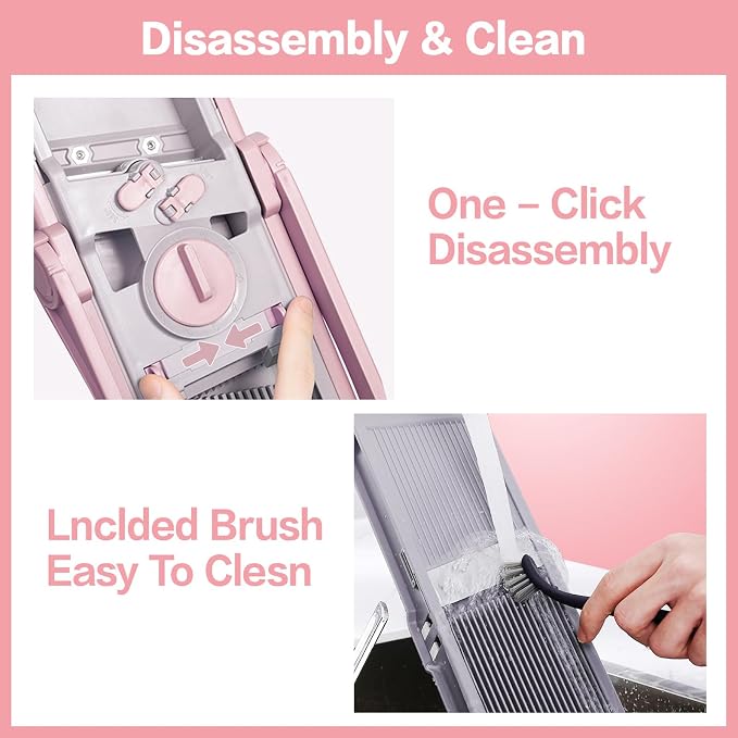 ONCE FOR ALL Safe Mandoline Slicer Plus, Bigger Size, Kitchen Slicer, Pink | 0.1-8mm Adjustable Kitchen Mandoline Slicer, Vegetable Food Chopper, Stainless Steel, Detachable Blade, Dishwasher-safe, Gift