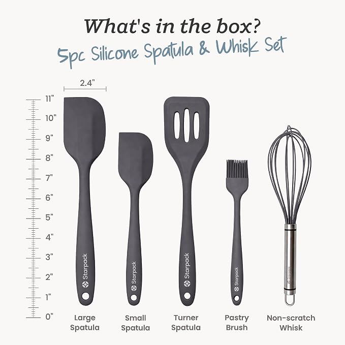 Starpack Flip and Whip Silicone Baking Utensils Set (5-Piece) - LFGB Non Toxic, 600°F Heat Resistant, BPA-Free - Whisk and Rubber Spatula Set with Pastry Brush - Dishwasher Safe, Nonstick Gray Black