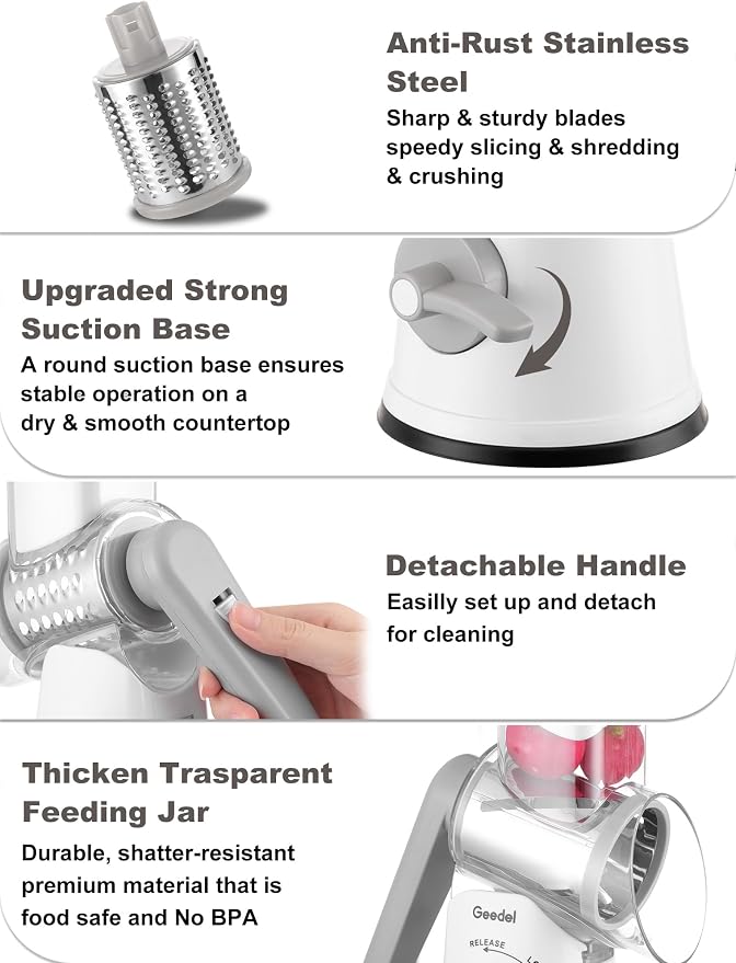 Geedel Upgraded Rotary Cheese Grater, 5 in 1 Cheese Shredder Veggie Slicer | Non-slip Suction Base, 430 Stainless Steel, No BPA, Dishwasher Safe, for Cheese Shredding, Wavy Slicing, Ice Shaving