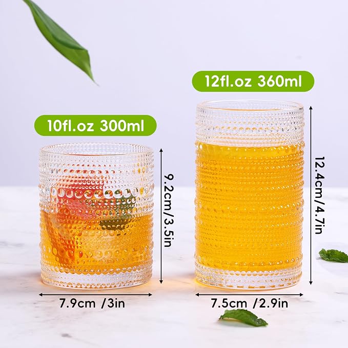 Moretoes Hobnail Drinking Glasses Set of 12, Vintage Water Glass Cups | 12 Oz Highball Glasses & 10 Oz Cocktail Glasses, Clear Embossed Boho Kitchen Bar Tumbler for Whiskey, Beer, Juice, Milk