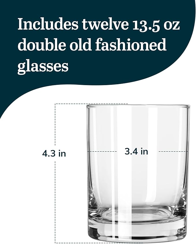 Libbey 918CD Heavy Base Double Old Fashioned Glasses - Elegant Whiskey Glasses Set of 12 - Dishwasher Safe Cocktail Glass for Cocktails, Juice, and More