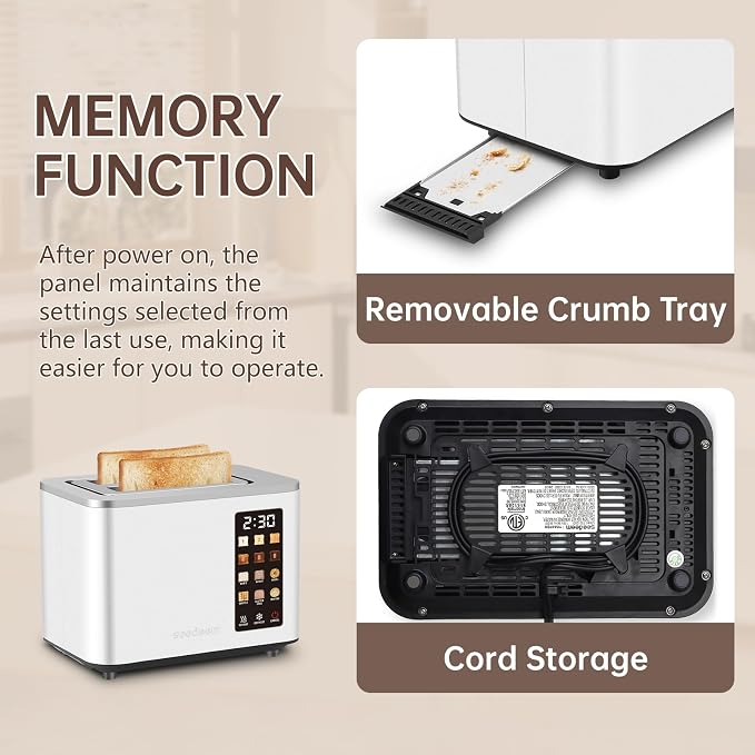 SEEDEEM 2 Slice Toaster with Full Touch Screen, Stainless Steel, 6 Bread Types & 6 Shade Settings, Countdown Display, Removable Crumb Tray, 900W, White