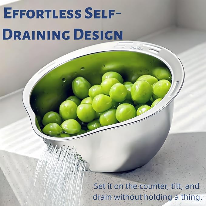 DOPMEP Rice Washer Strainer Bowl Stainless Steel Colander with Side Drainer | Ideal for Soaking, Washing, Cleaning, and Rinsing Rice, Fruits, Vegetables & Beans, Versatile Kitchen Tool