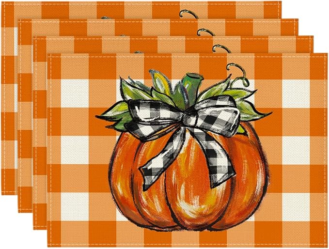 Artoid Mode Buffalo Orange Plaid Pumpkin Fall Placemats Set of 4, 12x18 Inch Seasonal Autumn Table Mats for Party Kitchen Dining Decoration | Heat-Resistant Table Mats, Washable Seasonal Autumn Buffalo Plaid Kitchen Dining Decor