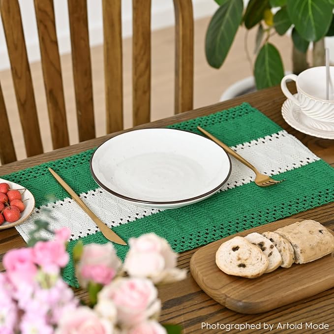 Artoid Mode Dark Green Farmhouse Rustic Placemats Set of 6,12x18 Inch Seasonal Hollow Table Mats Party Kitchen Dining Decoration