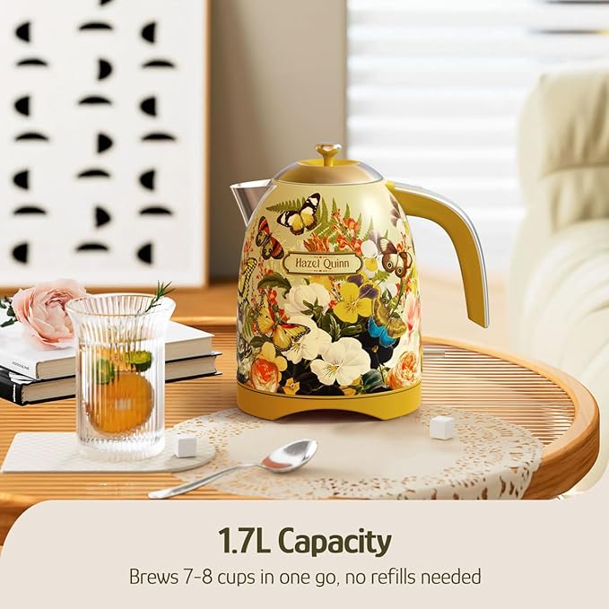 Hazel Quinn X Eduardo Recife Electric Water Kettle 1.7 Liters(57oz), Floral | Stainless Steel BPA-Free Interior, 1200W Fast Boiling, Cordless, Automatic Shut Off,ideal for families, couples, home, office