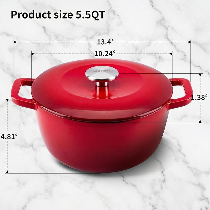5.5QT Enameled Cast Iron Dutch Oven,Concave Self-Basting Lid,Red | Versatile,heavy-duty Large Dutch oven,PFAS-free,oven safe to 500°F,sourdough,braising/stews/roasting,Housewarming Gift