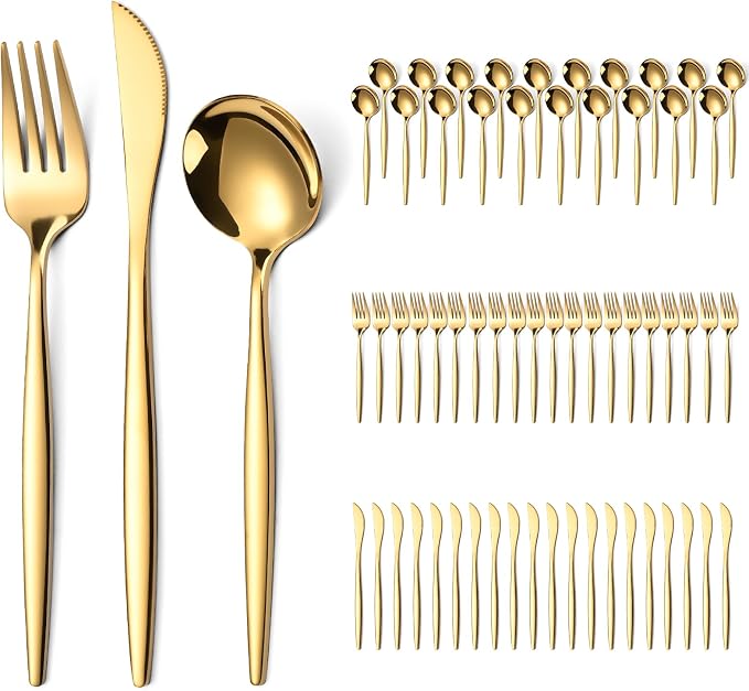 60-Piece Gold Silverware Set for 20, Food Grade Stainless Steel Flatware Set with Thickened Forks Spoons Knives, Mirror Polished Gold Cutlery for Wedding Party Restaurant, Dishwasher Safe