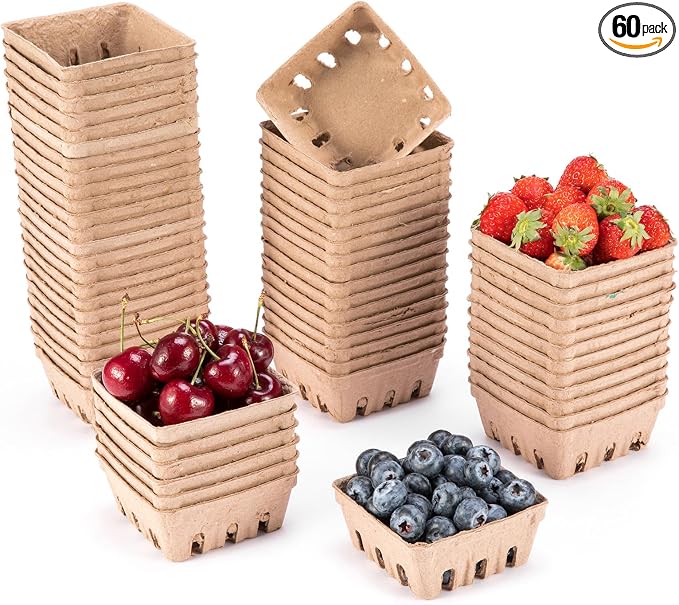 PARBEE 60 Pack Pulp Fiber Berry Basket, 1/2 Pint Vented Containers for Strawberry Blueberry Raspberry Grape Cherry, Small Farmer Market Produce Basket Containers