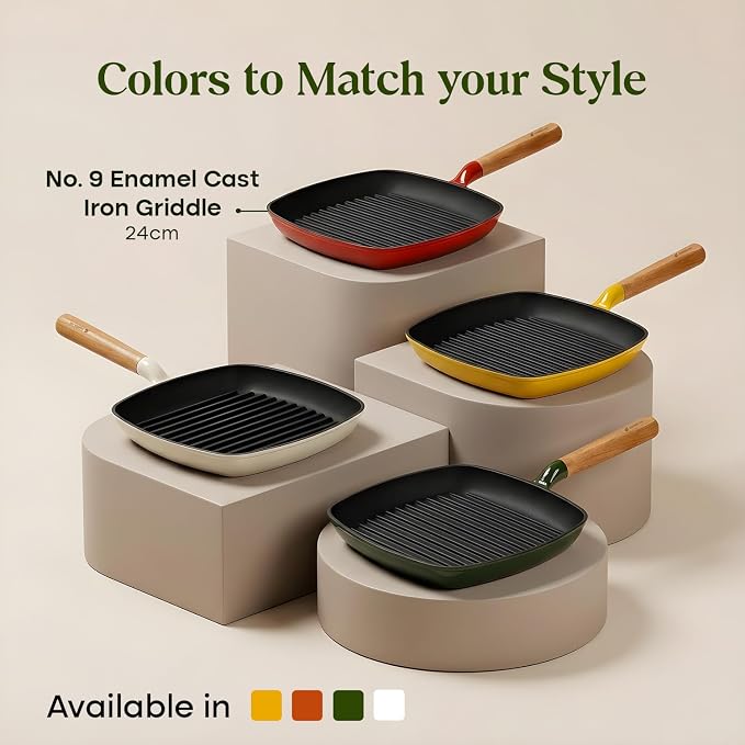 CUMIN CO. Enameled Cast Iron Grill Pan 10 Inch, 1.2 QT Grill Skillet – Non Toxic PFAS Free Cookware – 4 Layer Enamel Coating – Indoor Grill Pan for Steak, Chicken, Burgers & Vegetables (Green)