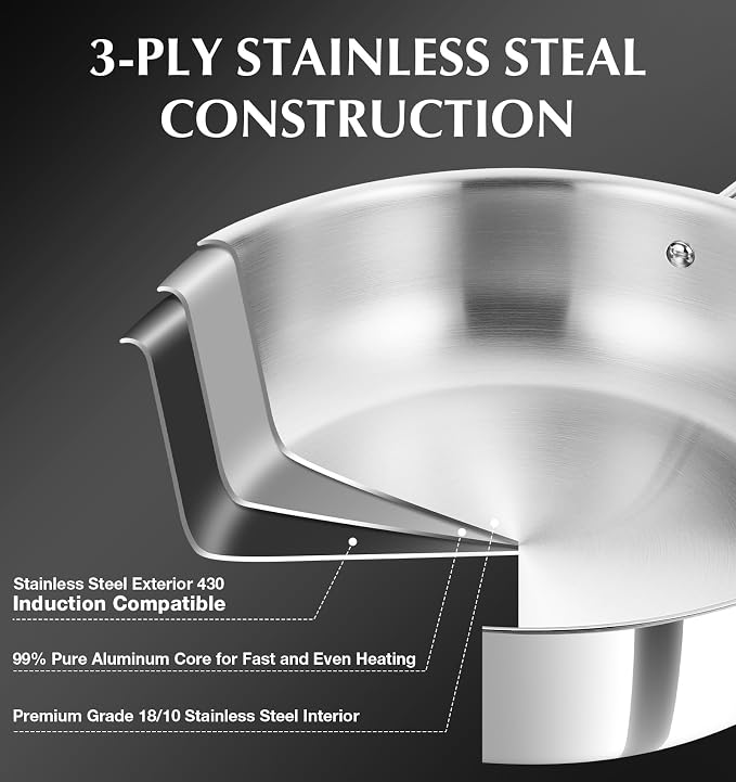 KOCH SYSTEME CS Tri-Ply Stainless Steel Saute Pan with Lid, 12 Inch Deep Frying Pan with Double Handles, 6 Quart 18/10 Stainless Steel Pan, Large Skillet, Induction Compatible, Oven Safe, Non Toxic