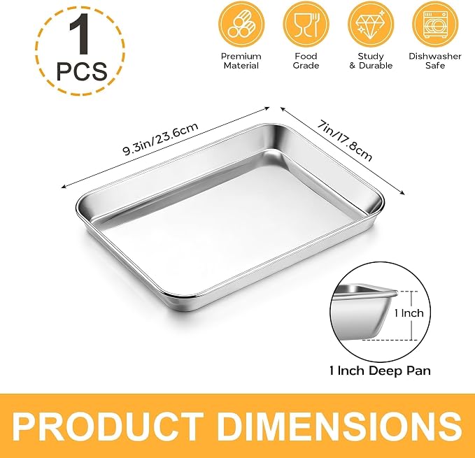 Onader Baking Sheet Pan Tray, Stainless Steel Small Baking Cookie Sheets, 9 x 7 Inch Mini Toaster Oven Trays, Food-Grade Durable Mirror Finish & Dishwasher Safe, 1-Pack