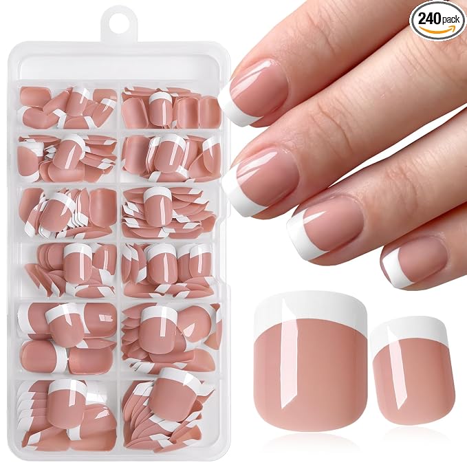 240pc White French Tip Press on Nails Short Square Acrylic Nail, Coffee Press ons Fake Nails with Glue & Tabs, 12 Sizes Glue on Nail Short Press-on Nail Square Artificial Stick on Nails for Women