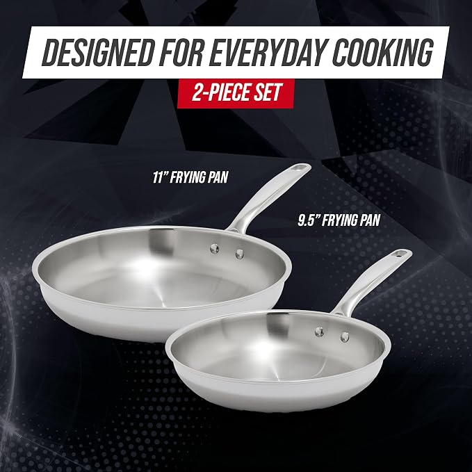 Blue Diamond Pro Steel 2 Piece Tri-Ply Stainless Steel Frying Pan Set | 9.5" & 11" Multi Clad Skillets, Induction & All Stovetop Suitable, Mirror Polished Finish, Dishwasher Safe, Oven Safe to 850F