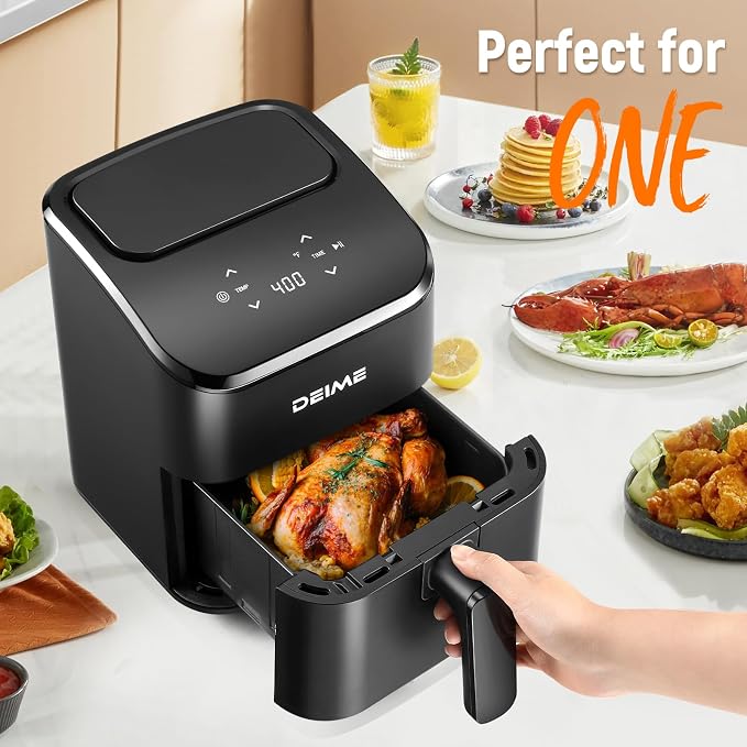 DEIME Air Fryer, Small Digital 3 Qt Airfryer Space Saving Compact, Bake, Reheat, Roasts for Quick Easy Meals, Mini Compact & Quiet, Nonstick & Dishwasher Safe Basket (Black+TR)