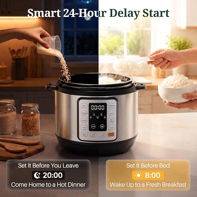 10-in-1 3QT Electric Pressure Cooker for Rice and Stews | Ceramic Nonstick Inner Pot, One Touch Controls, Keep Warm Mode, 700W, Stainless Steel Housing, Accessories Included, Silver
