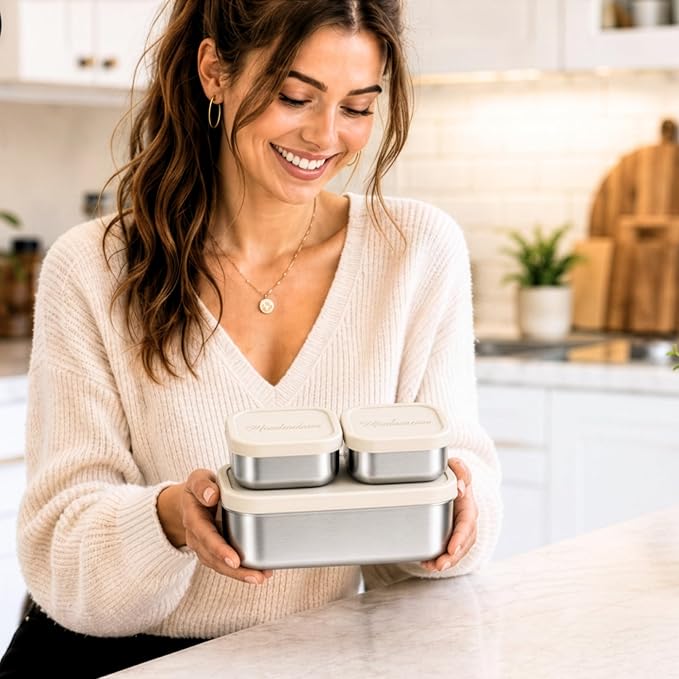 Stainless Steel Lunch Box Containers, 27 OZ + 9 OZ Set, Stainless Steel Bento Box, Metal Lunch Box, Sandwich & Snack Containers, Leak Proof SIlicone Lids,Small Vanilla - 1 * 27OZ + 2 * 9 OZ