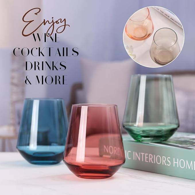 Color Stemless Wine Glass Set of 6-17oz Wine Glasses, Stemless Drinking Glasses for Wine, Cocktails & Beverages - Elegant Glassware for Home, Bar & Holiday Use