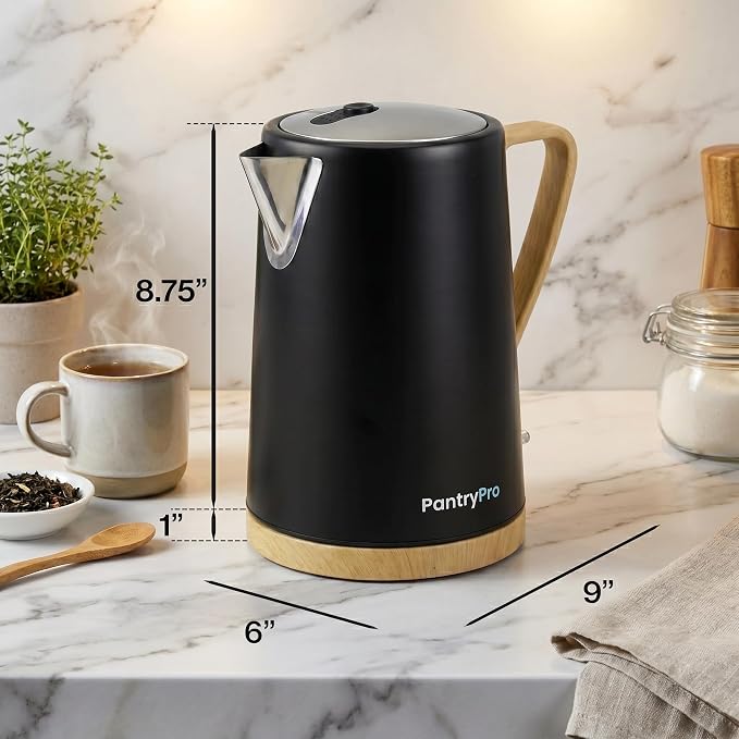 PantryPro 1.7L 1500W Rapid-Boil Electric Kettle - Stainless Steel Interior - Auto Shut-Off, Boil-Dry Protection, LED Indicator, Wide Opening - Black