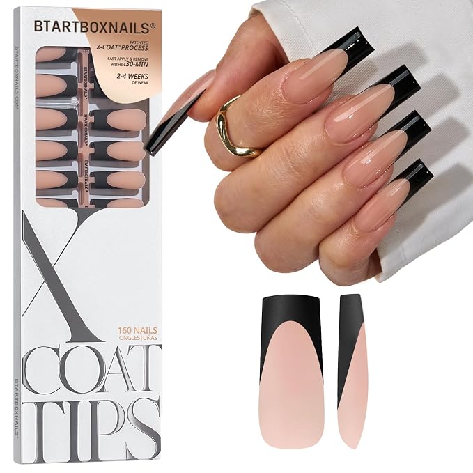 BTArtboxnails XCOATTIPS Black French Tip Press On Nails, XL Square, Peach | Lamp-Curable, 4-Week Wear, Natural Nail Look, Salon Quality Value at Home, Easy-to-Apply for Beginners, 160ct Nail Tips Only