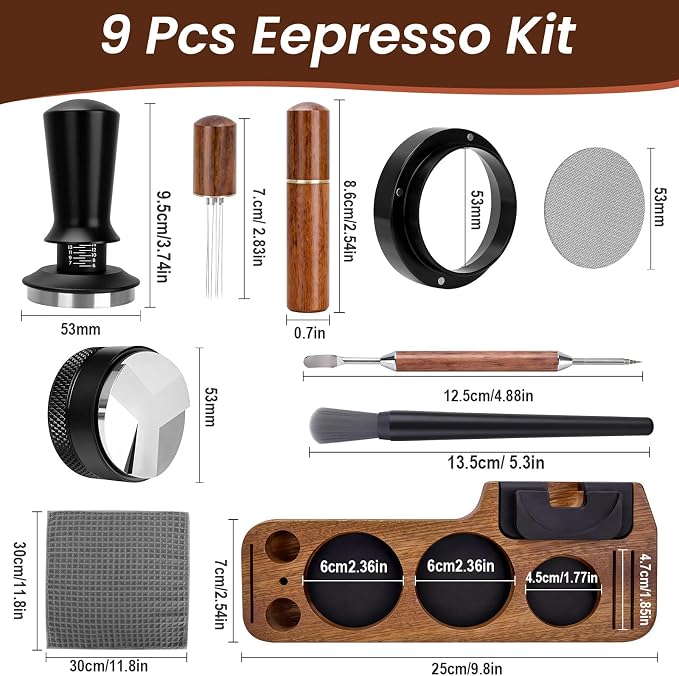 9-in-1 Espresso Tool Set: 54mm Tamper, WDT Tool, Distributor, Magnetic Funnel, Puck Screen, Brush, Cleaning Cloth, Latte Art Needle & Wooden Stand for Breville De'Longhi