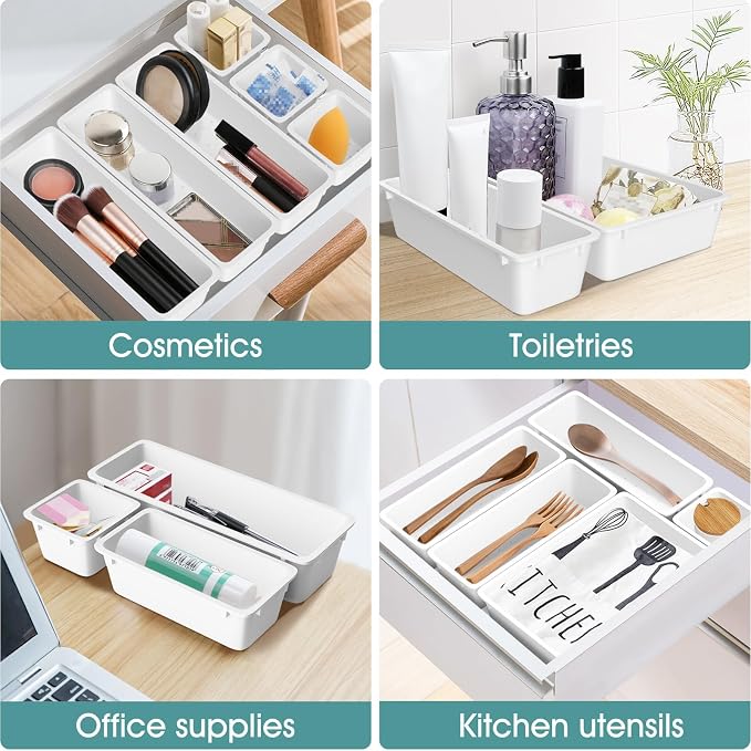 25 PCS Plastic Drawer Organizer Set, Makeup Organizers and Storage Bins | 4 Sizes Desk Drawer Divider Organizers and Storage Bins for Jewelry, Gadgets for Kitchen, Bedroom, Bathroom, Office, White