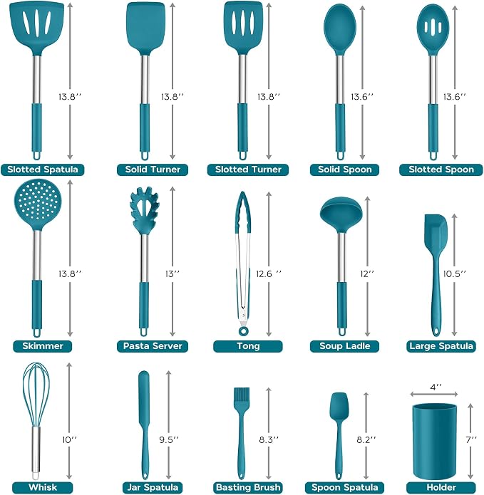 Onader 15pcs Kitchen Cooking Utensils Set with Holder, Onader Heat Resistant Silicone Kitchen Utensils Spatula Set with Stainless Steel Handle - Blue