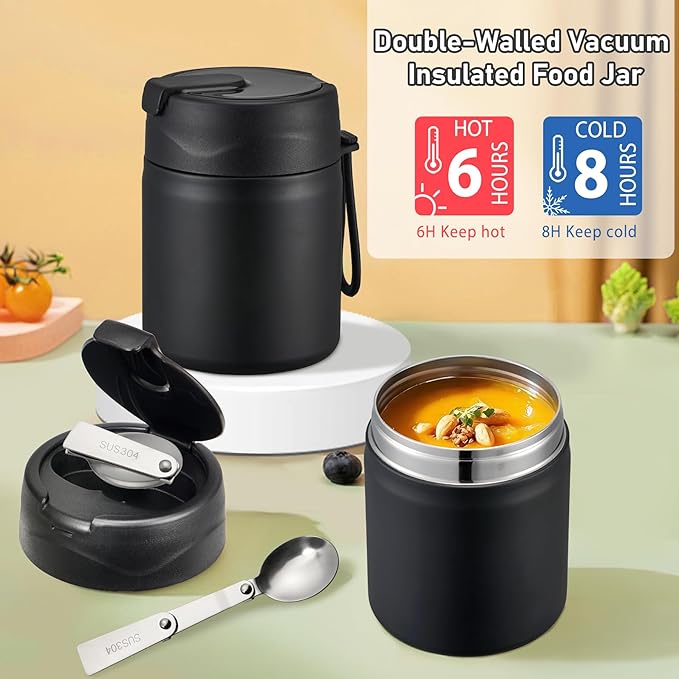 Bento Lunch Box for Kids with 17oz Soup Thermo,Insulated Tumbler Water Bottle and Insulated Lunch Bag,Leak-Proof 3 Compartment Lunch Food Container with Ice Pack for Kids to School-Black