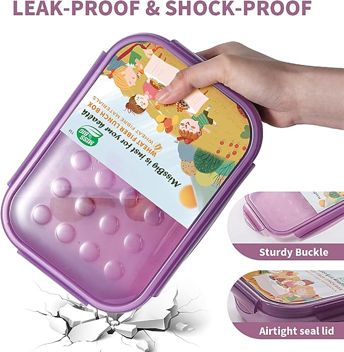 MISS BIG® Large Bento Lunch Box for Adults, 1900ml, 3 Compartments, Purple | Purple 1900ml adult lunch box for office meals, work lunch, meal prep, food storage, picnic, and travel.