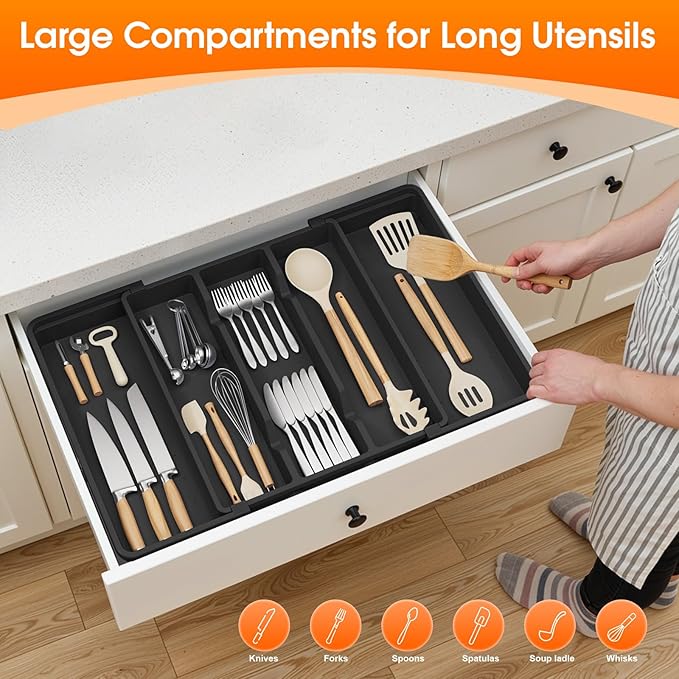 Large Expandable Silverware Drawer Organizer, Utensil Tray | Kitchen Drawer Organizer for Spoons/Forks/Knives, Multipurpose & BPA Free Cutlery Tray(2 Pack, Black)