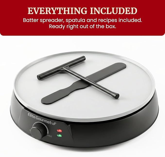 Elite Gourmet 12" Ceralast Ceramic Nonstick Crepe Maker & Griddle, Black | PFAS-free surface - adjustable temp control - dual indicator lights - batter spreader for crepes, pancakes & quesadillas