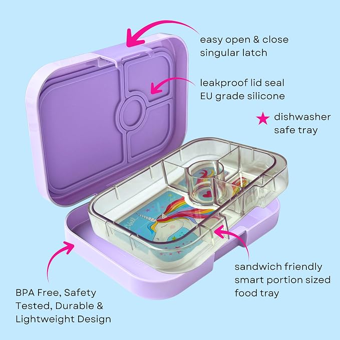 Yumbox Panino Leakproof Bento Lunch Box - Lavande Purple Unicorn | Sandwich-Friendly, 3 Compartments + Dip, Lightweight, Easy-Open Latch, Kid-Friendly Design