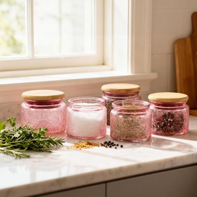 4 oz Decorative Small Glass Jars with Airtight Bamboo Lids, 6 Colors 6 Pack | Vintage embossed color coated containers, kitchen pantry bathroom organization & decor, spices, DIY gifts, candle making