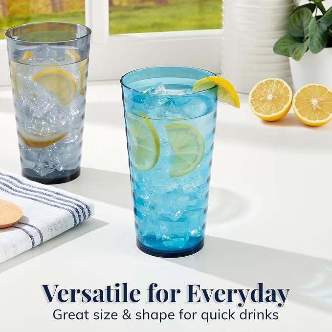US Acrylic Splash [Set of 16] 18 ounce Plastic Stackable Water Tumblers in 4 Coastal Colors Value Set of Drinking Cups, Reusable, BPA-free, Made in the USA, Top-rack Dishwasher Safe
