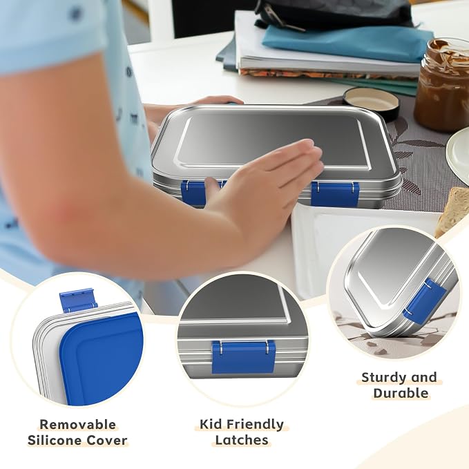 BOSEDSANG Stainless Steel Kids Leak-Resistant Bento Lunch Box, 3-Compartments with Silicone Container, Dishwasher-Safe, Child-Friendly Design for School, Picnics & Travel,BPA-Free (Blue)