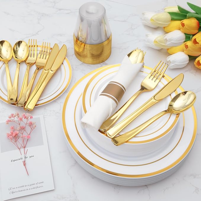 700 Piece Gold Plastic Dinnerware Set for 100 Guests | Disposable Dinnerware Includes: 100 Dinner Plates, 100 Dessert Plates, 100 Pre Rolled Napkins with Silverware, 100 Cups