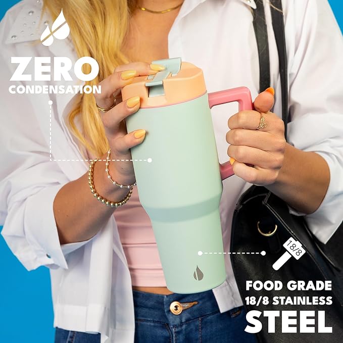 Elemental 100% Leak Proof 32oz Tumbler with Handle & Straw Travel Mug | Stainless Steel Double Wall Insulated Tumbler for Hot and Cold Beverages with Sip & Straw Lid
