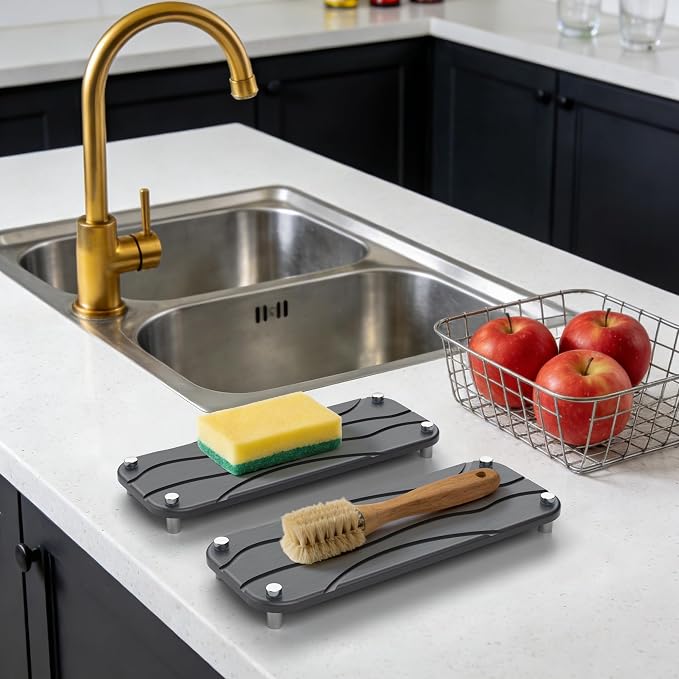 2-Pack Large Size Water Absorbing Stone Sink Caddy, Coaster | Instant dry stone tray and stone sink organizer with rust-free feet on rubber pads, free from scratches.