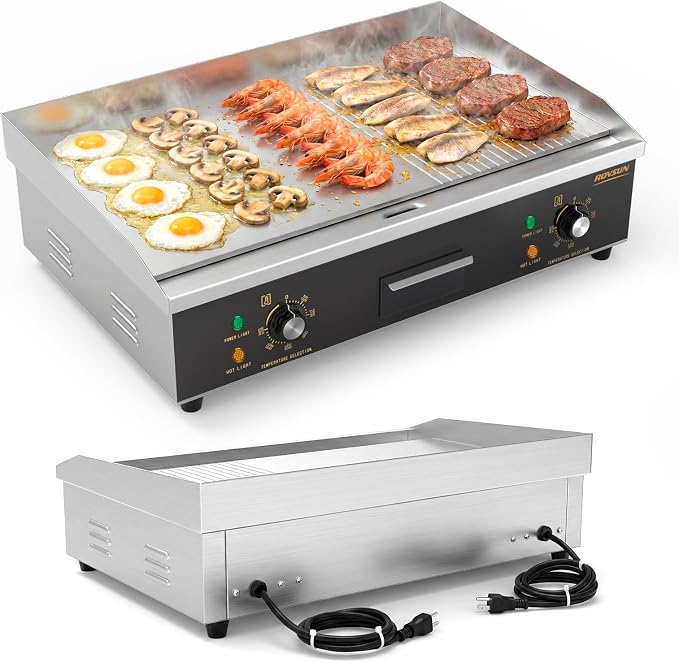 ROVSUN 26" Electric Griddle, Electric Countertop Half Flat Top Griddle, 3200W Grill Stainless Steel with Adjustable Temperature Control 122°F-572°F for Commercial Home Restaurant, Plug