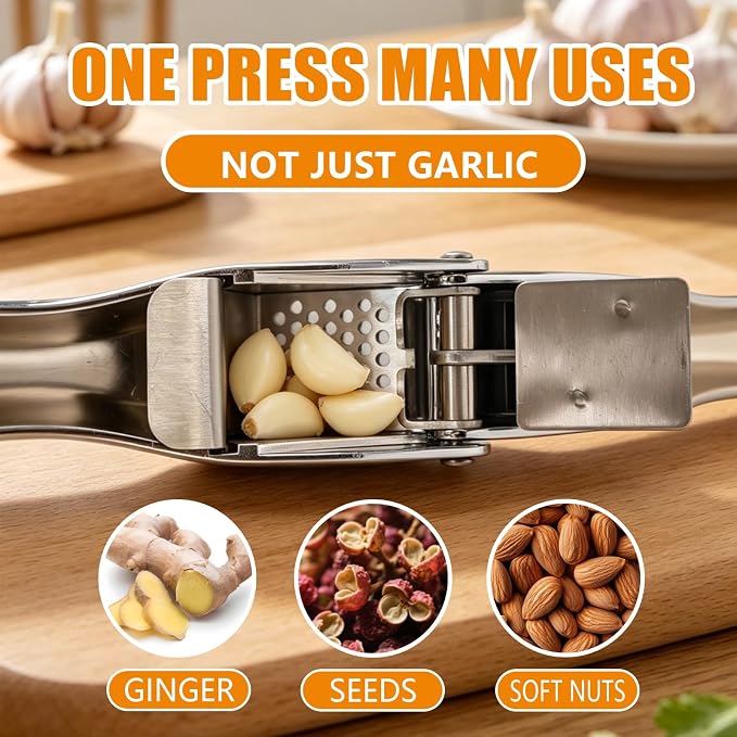 2-in-1 Garlic Press and Slicer – No Peel Garlic Mincer, Rust-Proof Garlic Crusher, Easy Clean Kitchen Gadget for Garlic, Ginger, Nuts