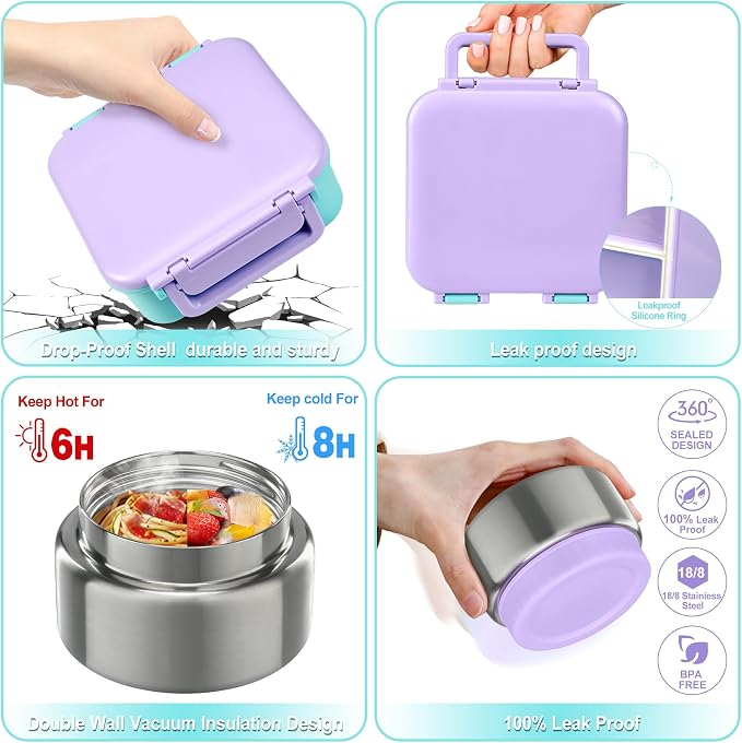 Kids Bento Lunch Box with 9oz Soup Thermo Leakproof Lunch Food Containers 4 Compartment with Insulated Hot Food Jar for Kid Toddler Girls Boys to School, Trvael