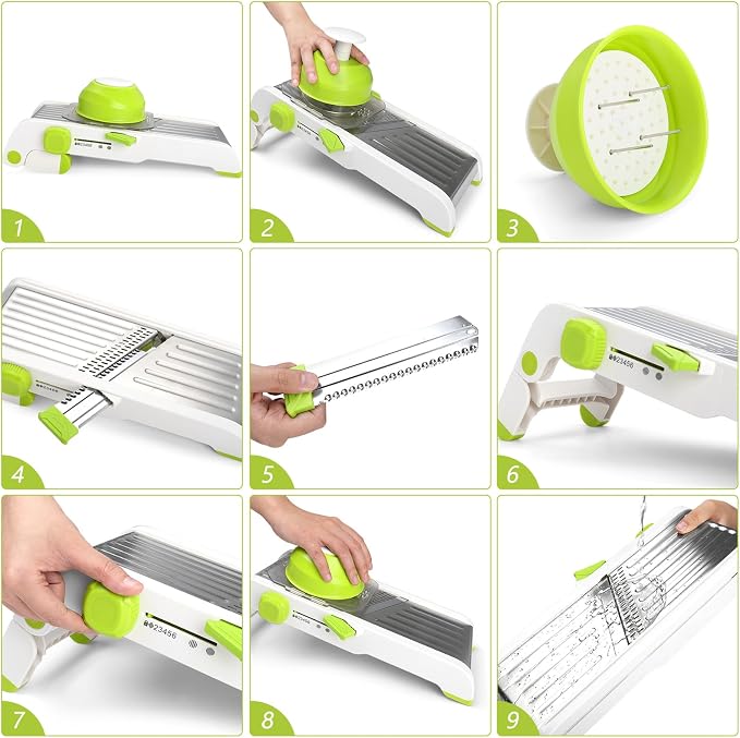 Mandoline Slicer for Kitchen, Adjustable Vegetable Potato Slicer | Stainless Steel Safe Mandolin Veggie Fruit Cutter with Food Holder, for Onion Cucumber Tomato Carrot, Green