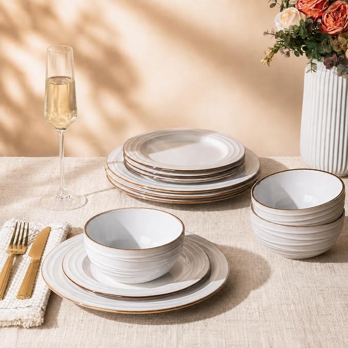 GBHOME Ceramic Dinnerware Sets,12 pcs Embossed Elegant Stoneware Plates and Bowls Sets, Housewarming Wedding Gift | Dishwasher & Microwave Safe | Dishes Set Service for 4 | Embossed Elegant Stoneware Dishes Set | Dishwasher & Microwave Safe | Service f...